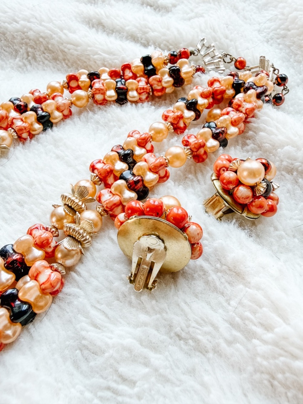 Vintage 3-Strand Beaded Statement Set - Cluster Earrings & Necklace - Picture 8 of 9